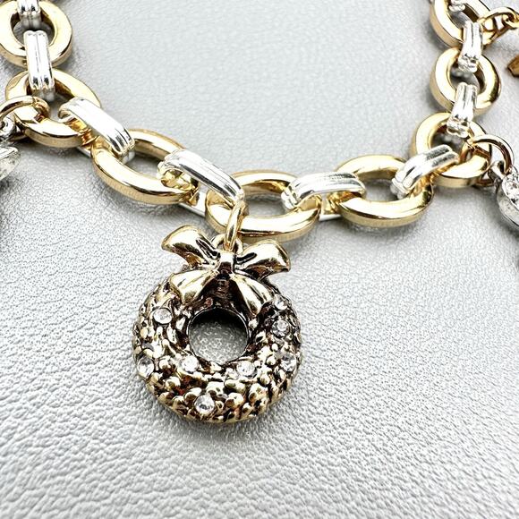 Christmas Charm Bracelet Anne Klein Gold Silver Mixed Metal Holiday Jewelry - Picture 2 of 4